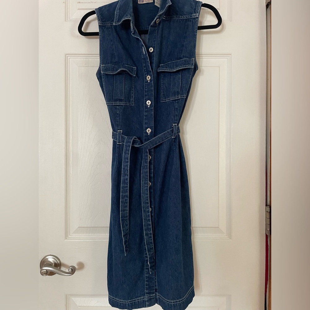 Vintage Faded Glory Dark Blue Denim Midi Dress with Self-Tie Belt